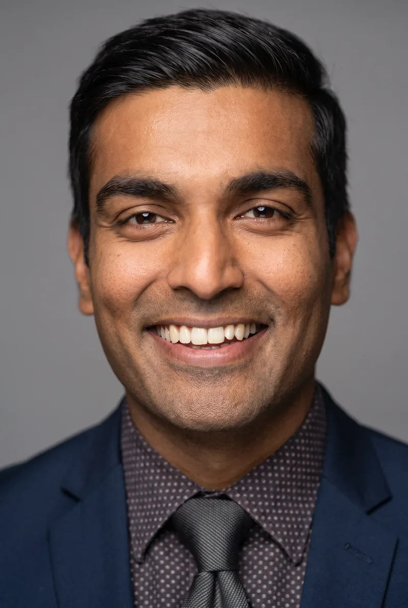 AI-generated portrait of Dr Vyom Sharma, keynote speaker